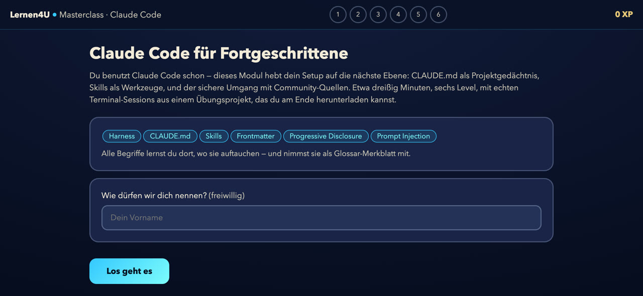 Startseite der Masterclass „Claude Code für Fortgeschrittene“ mit Beschreibung und Glossar-Begriffen